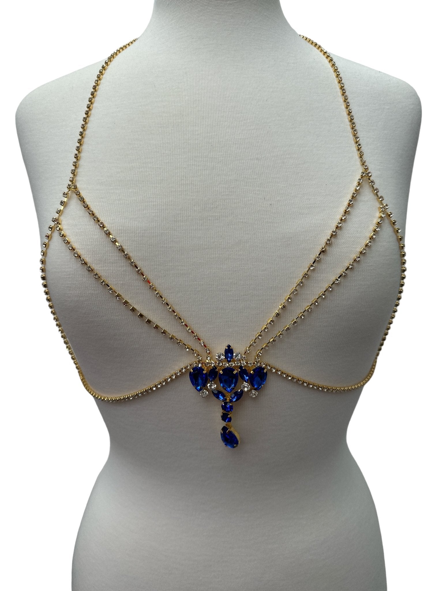 Rhinestone Blue Centred Tassel Bralette Body Chain Statement Jewellery - Fatisha Boutique