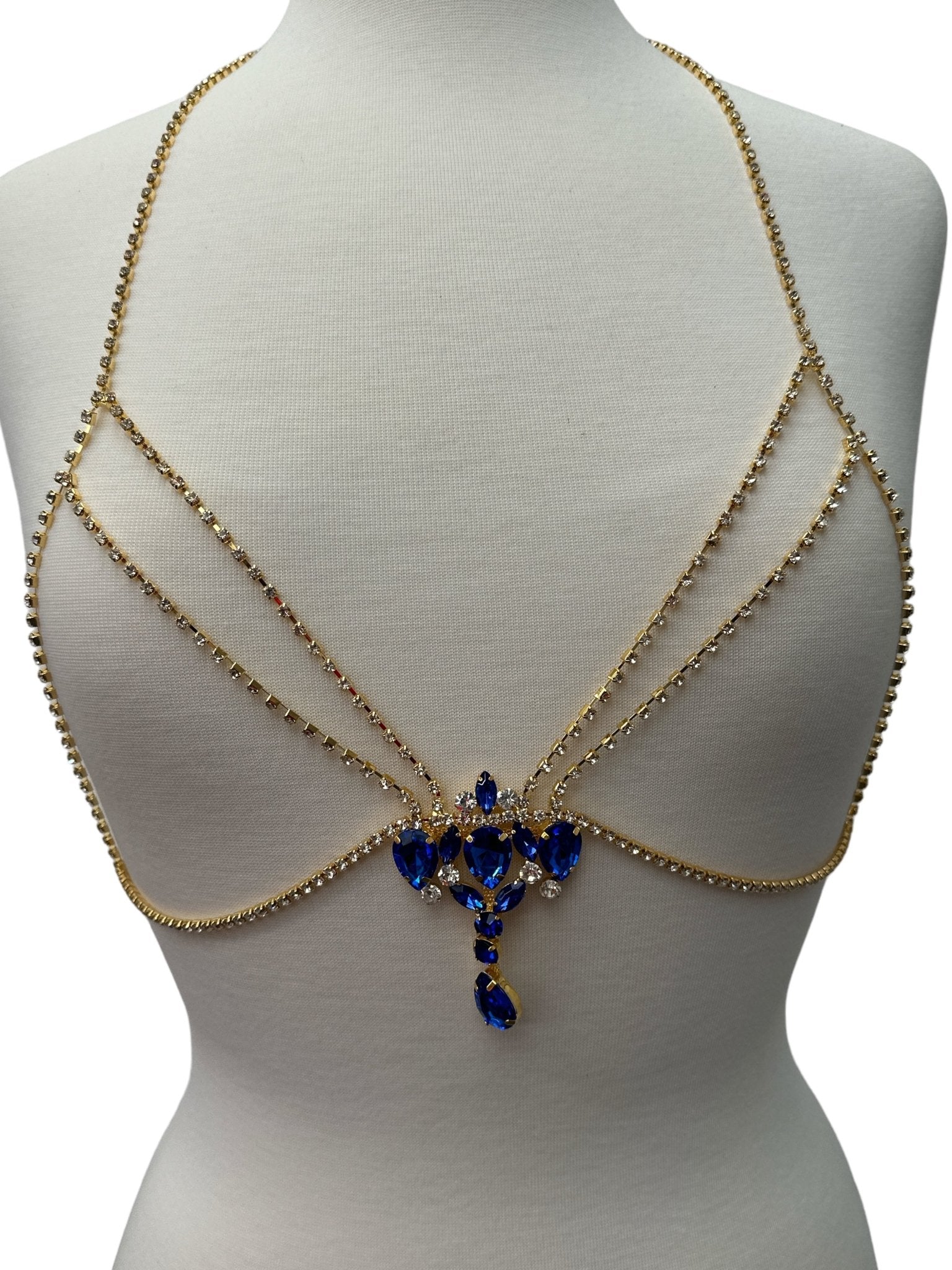 Rhinestone Blue Centred Tassel Bralette Body Chain Statement Jewellery - Fatisha Boutique