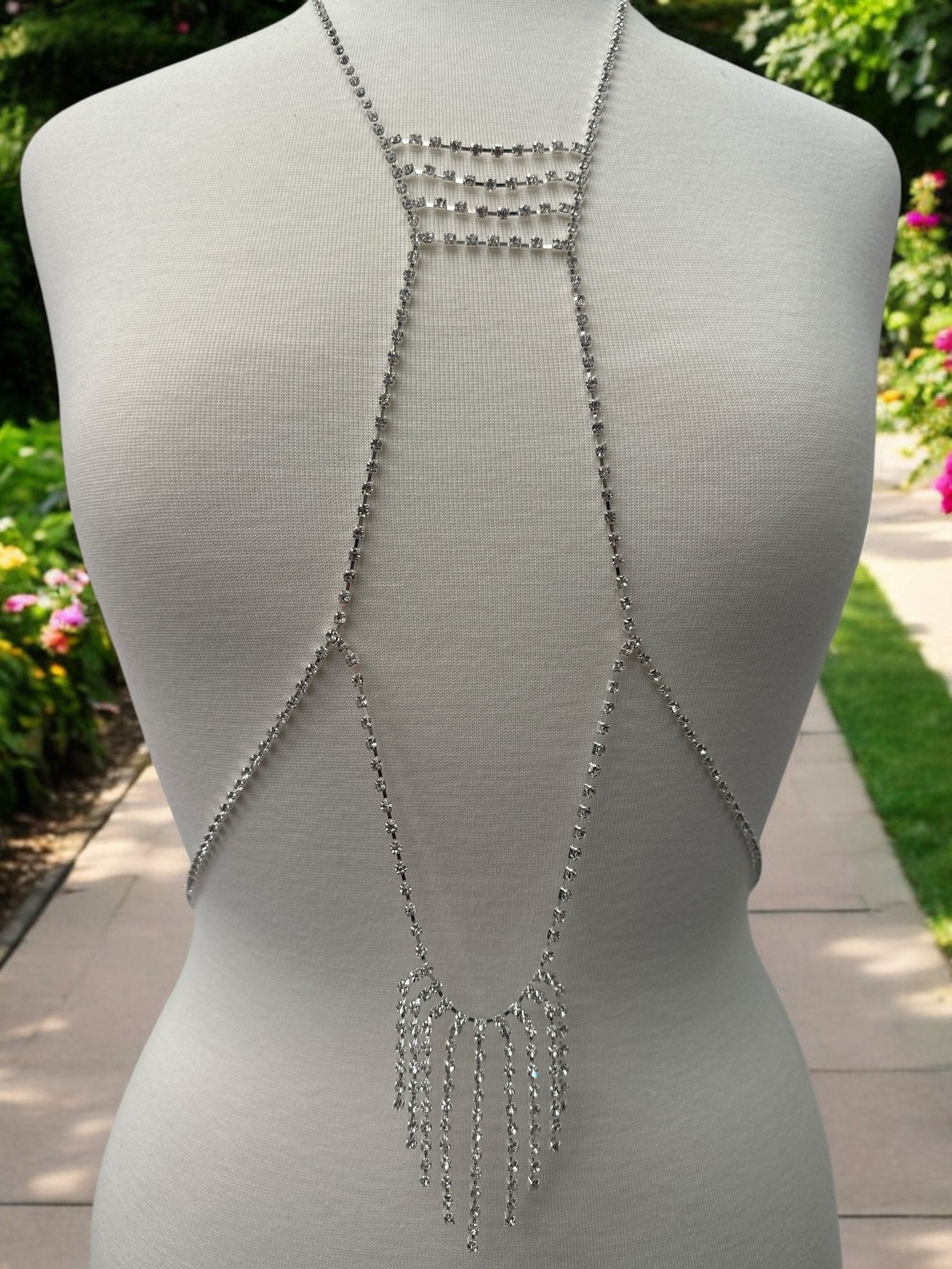 Rhinestone Body Chain Harness - Statement Body Jewellery with Fringe Detail - Fatisha Boutique