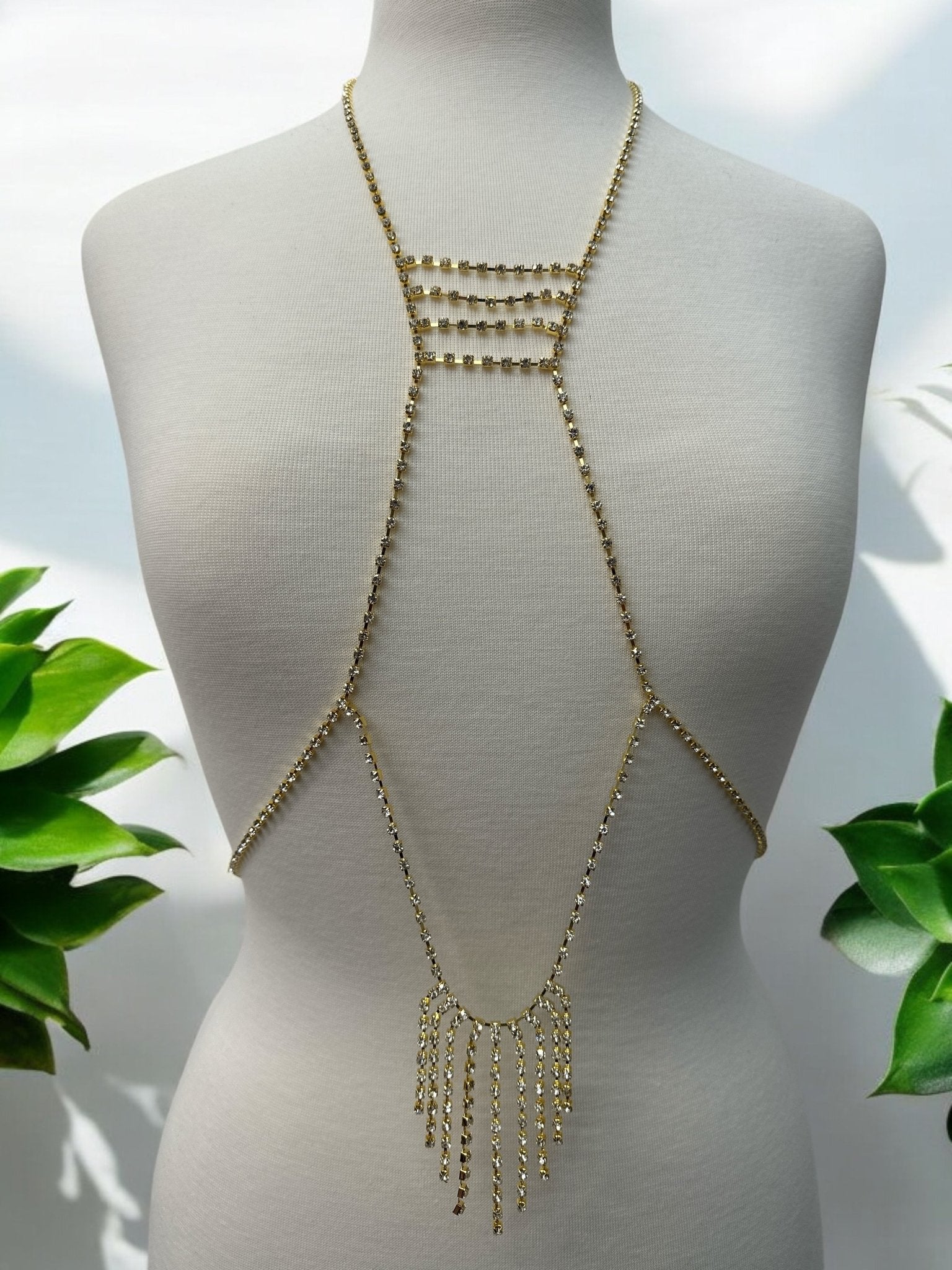 Rhinestone Body Chain Harness - Statement Body Jewellery with Fringe Detail - Fatisha Boutique