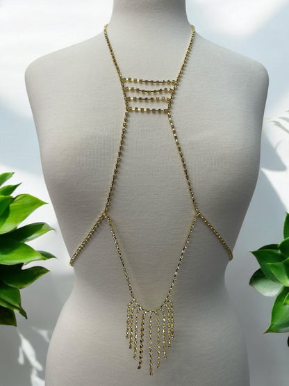 Rhinestone Body Chain Harness - Statement Body Jewellery with Fringe Detail - Fatisha Boutique