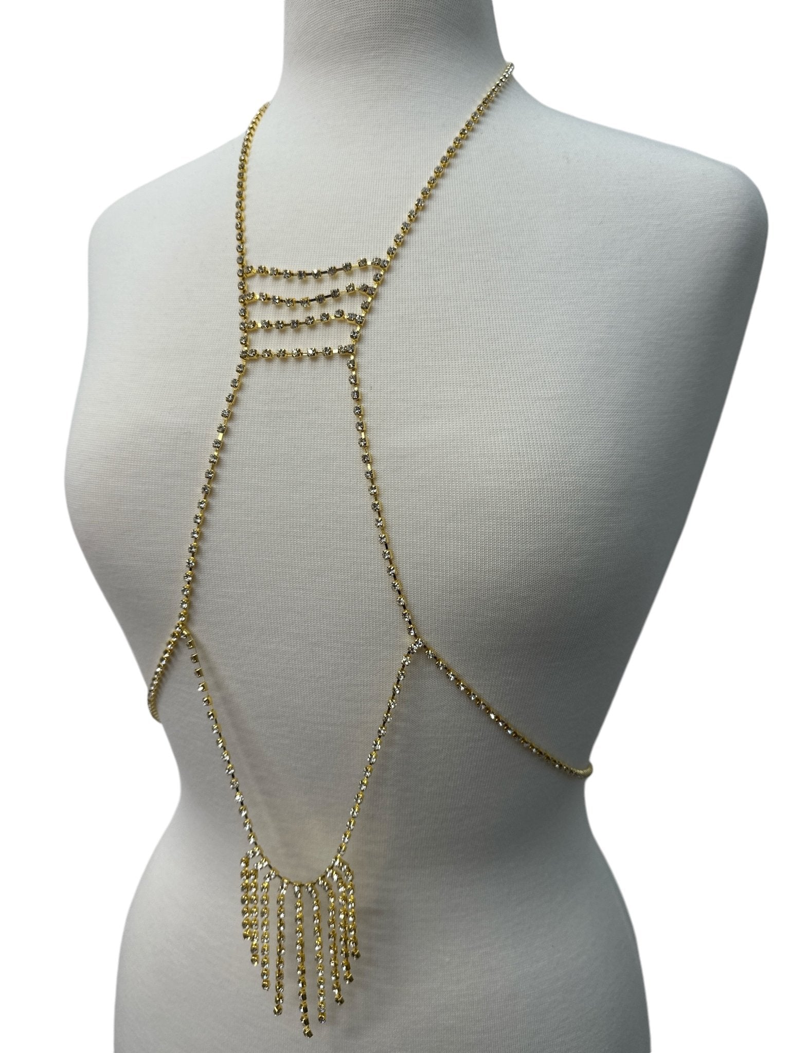 Rhinestone Body Chain Harness - Statement Body Jewellery with Fringe Detail - Fatisha Boutique