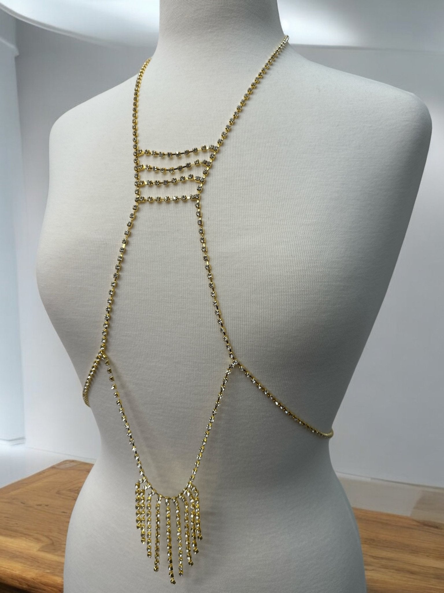 Rhinestone Body Chain Harness - Statement Body Jewellery with Fringe Detail - Fatisha Boutique