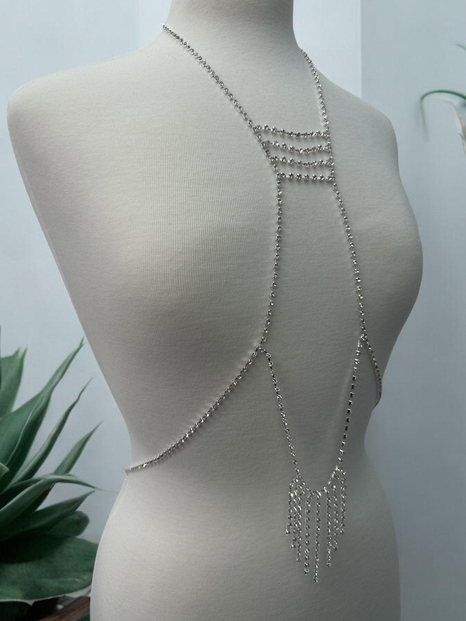 Rhinestone Body Chain Harness - Statement Body Jewellery with Fringe Detail - Fatisha Boutique