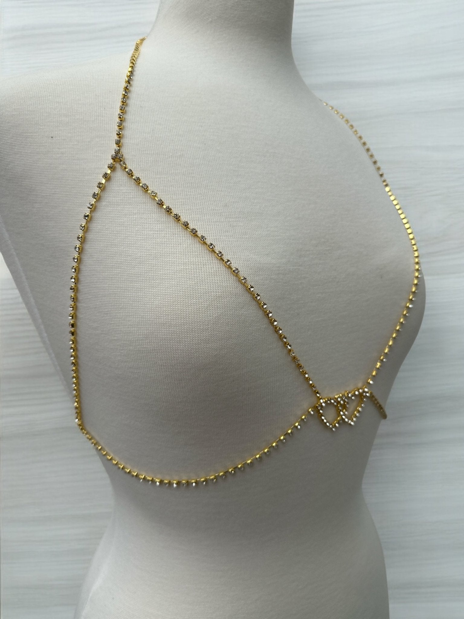 Rhinestone Double Centred Hearts Designed Bra Statement Body Chain Jewellery - Fatisha Boutique