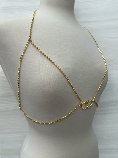 Rhinestone Double Centred Hearts Designed Bra Statement Body Chain Jewellery - Fatisha Boutique
