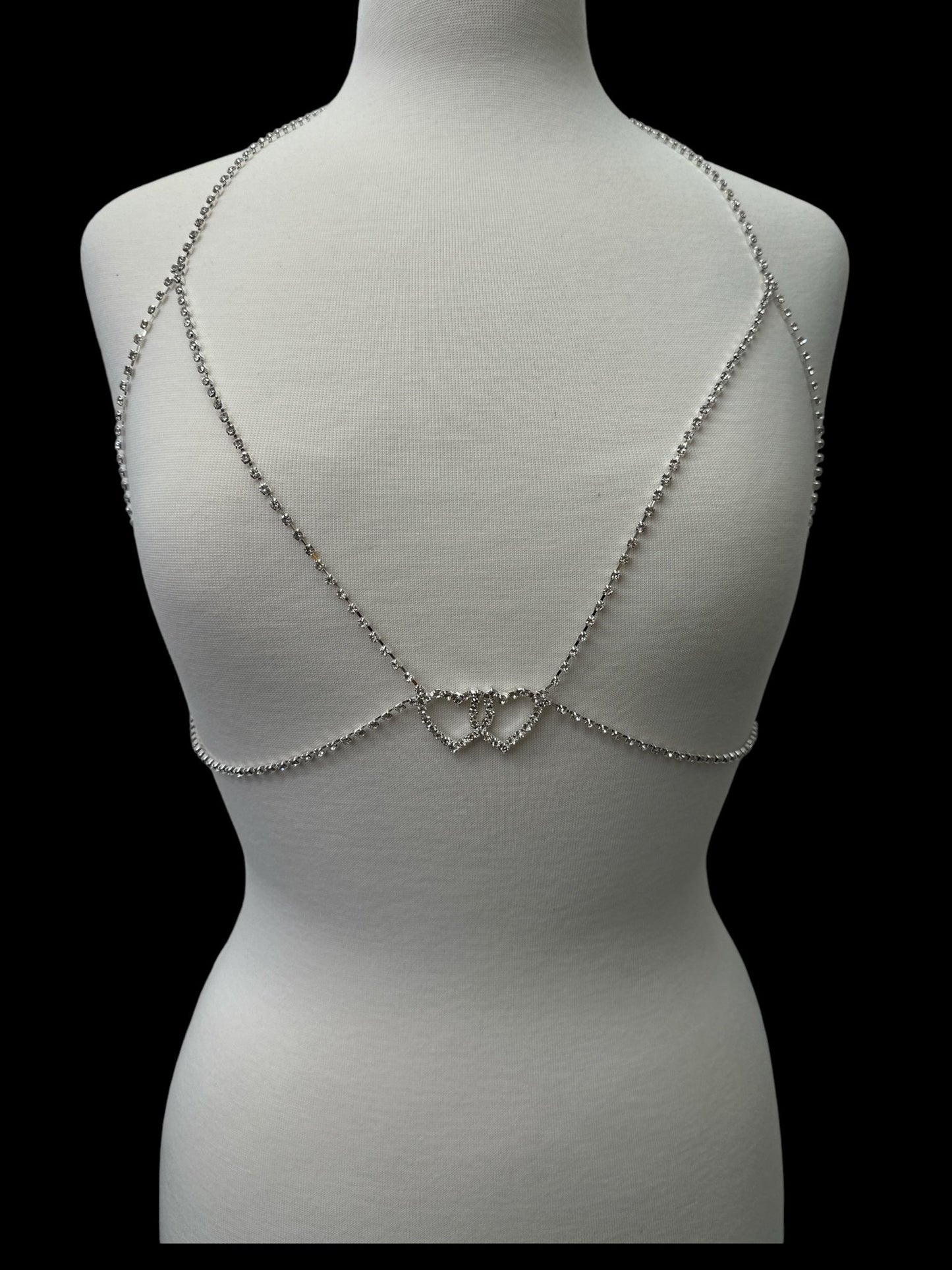 Rhinestone Double Centred Hearts Designed Bra Statement Body Chain Jewellery - Fatisha Boutique
