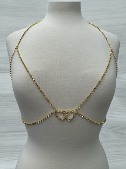 Rhinestone Double Centred Hearts Designed Bra Statement Body Chain Jewellery - Fatisha Boutique