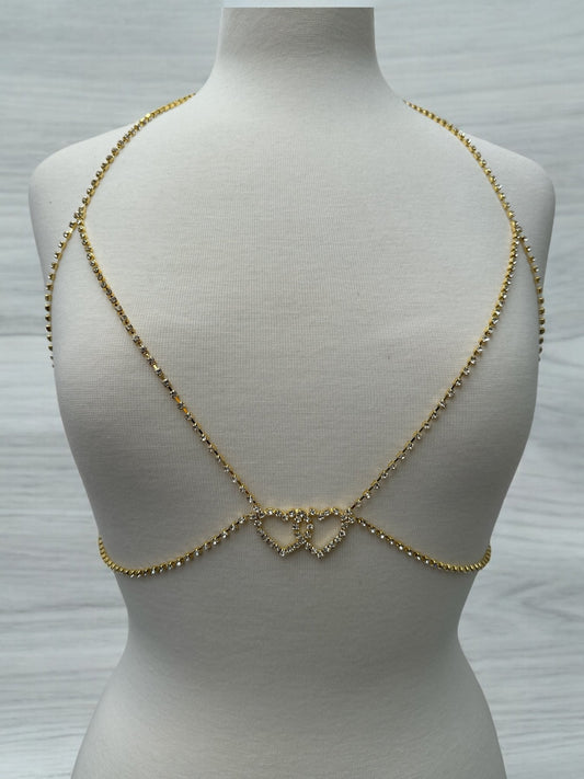 Rhinestone Double Centred Hearts Designed Bra Statement Body Chain Jewellery - Fatisha Boutique
