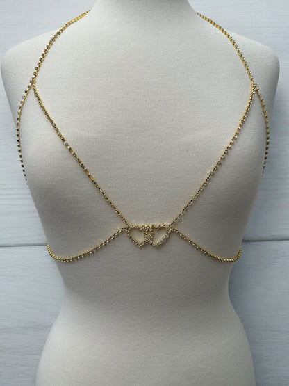 Rhinestone Double Centred Hearts Designed Bra Statement Body Chain Jewellery - Fatisha Boutique