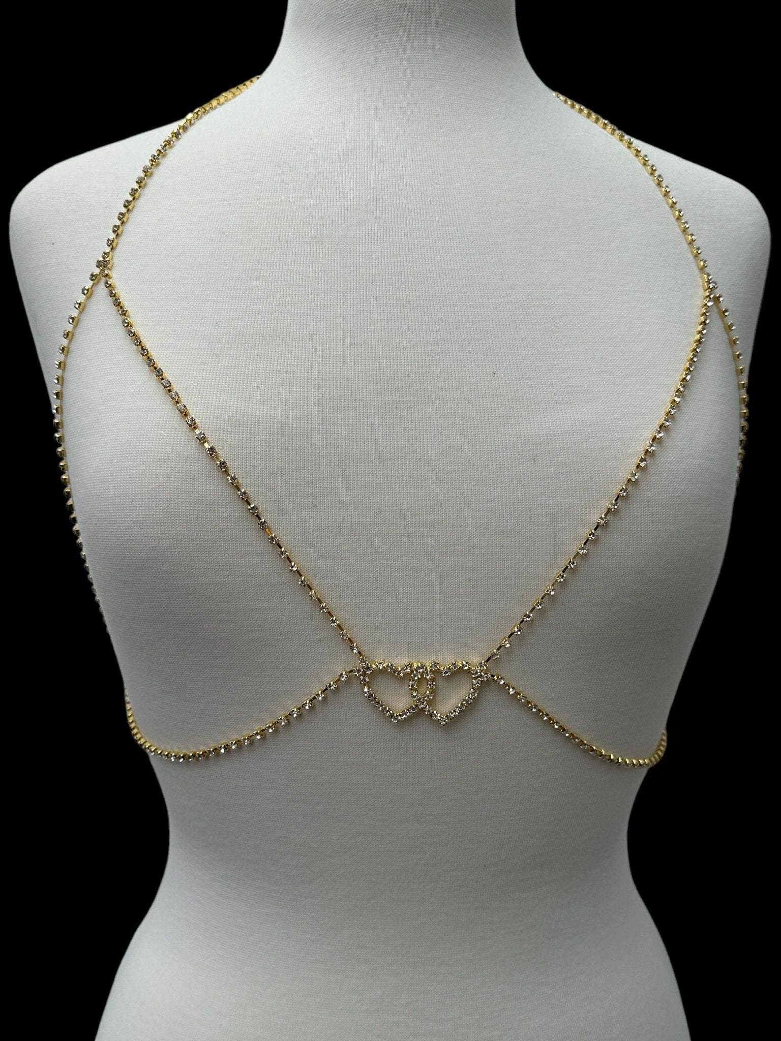 Rhinestone Double Centred Hearts Designed Bra Statement Body Chain Jewellery - Fatisha Boutique