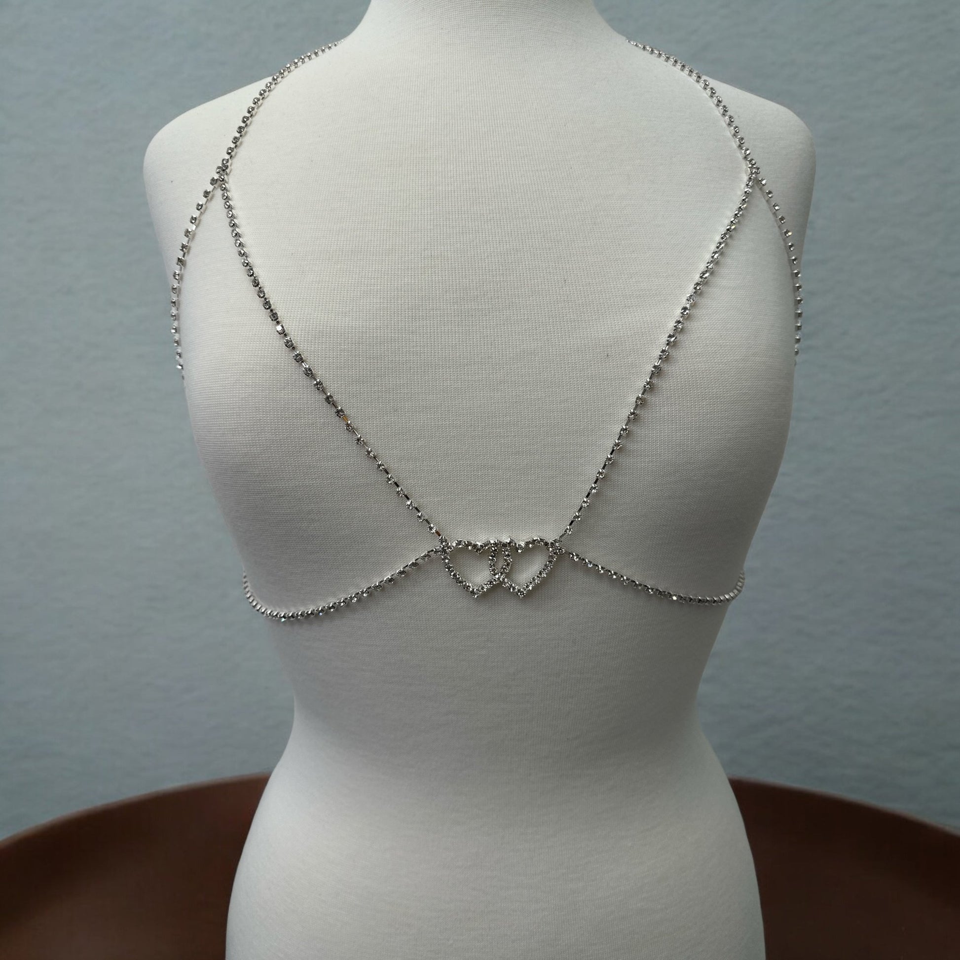 Rhinestone Double Centred Hearts Designed Bra Statement Body Chain Jewellery - Fatisha Boutique