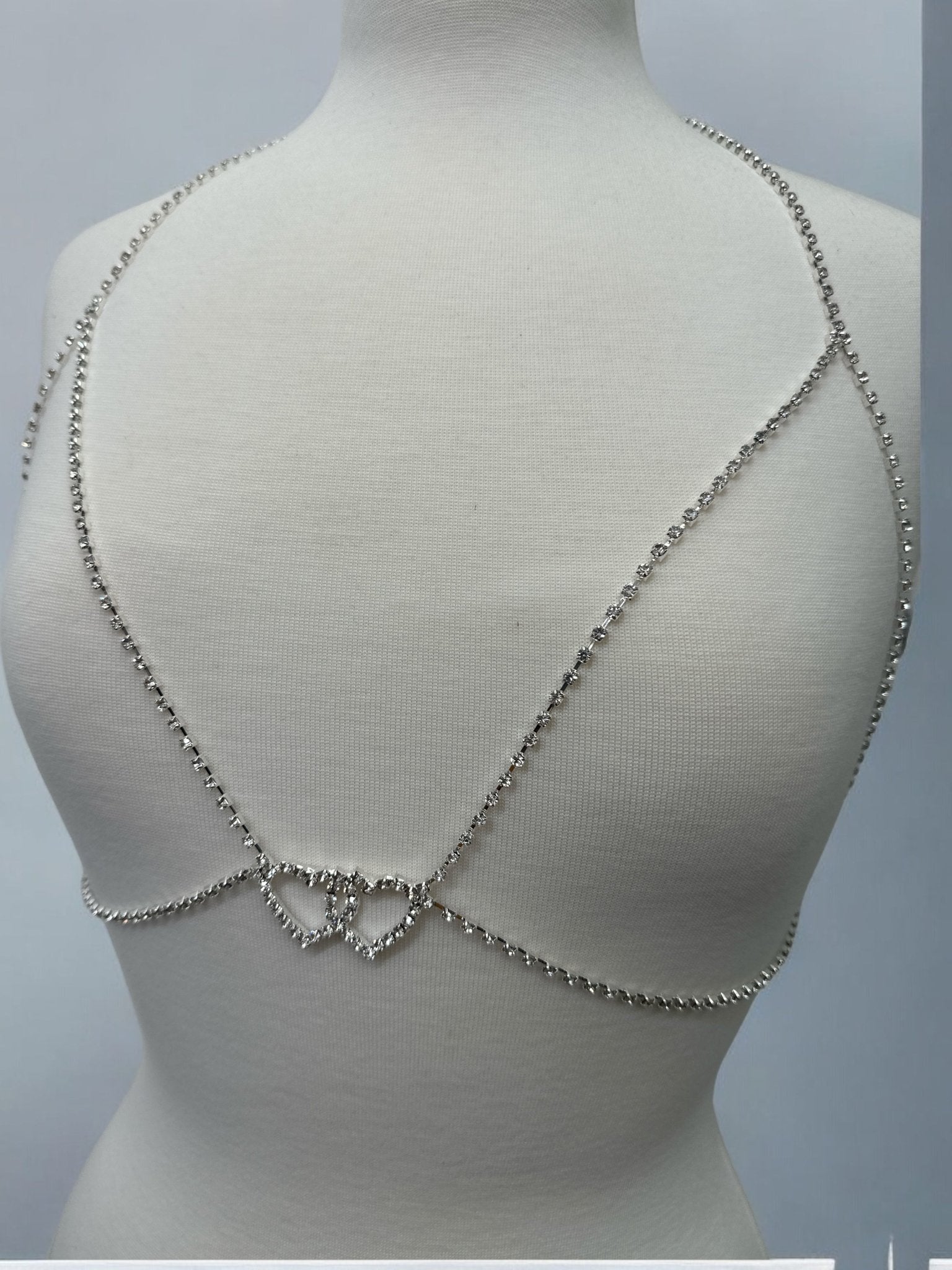 Rhinestone Double Centred Hearts Designed Bra Statement Body Chain Jewellery - Fatisha Boutique