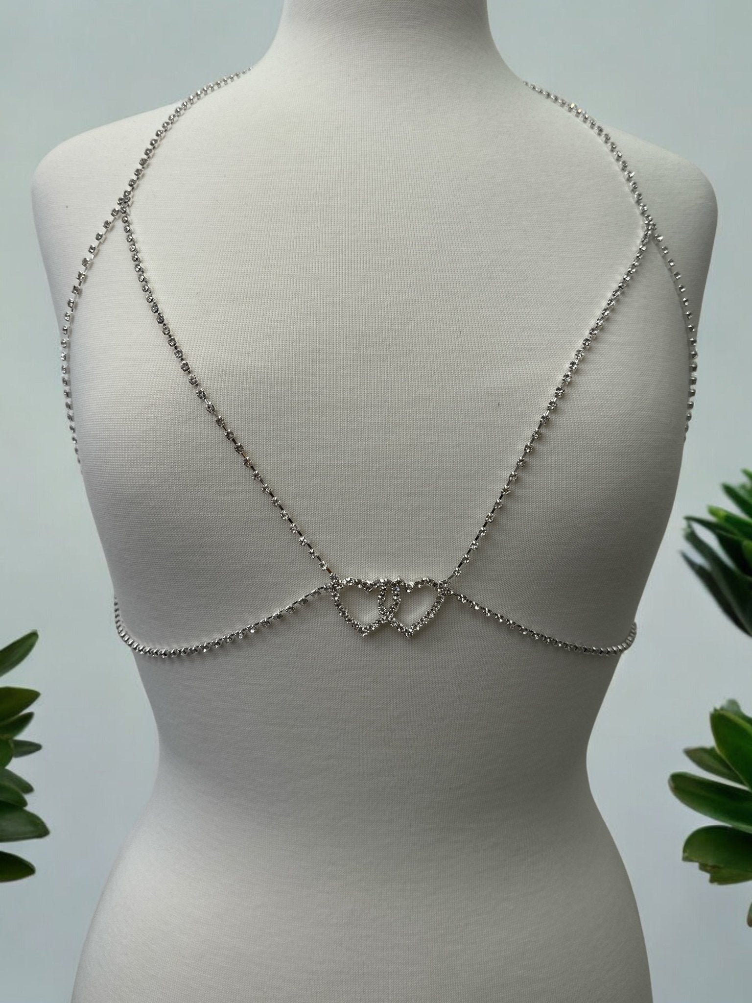 Rhinestone Double Centred Hearts Designed Bra Statement Body Chain Jewellery - Fatisha Boutique