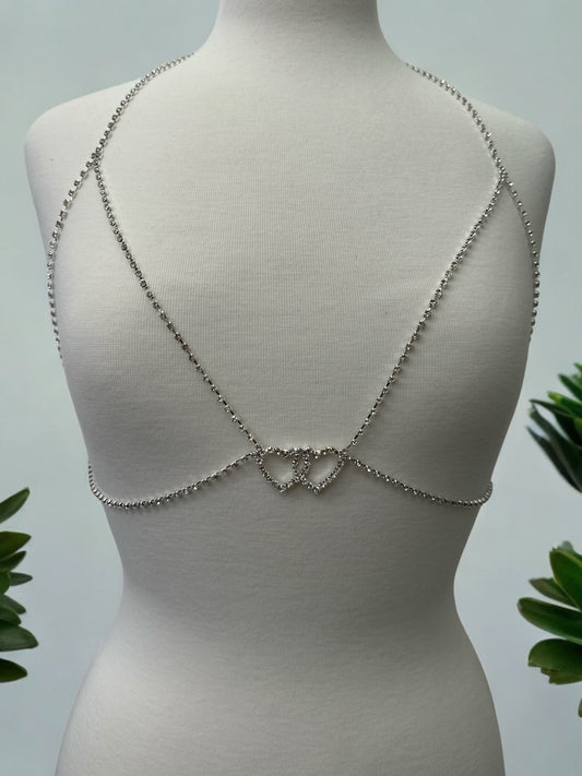 Rhinestone Double Centred Hearts Designed Bra Statement Body Chain Jewellery - Fatisha Boutique