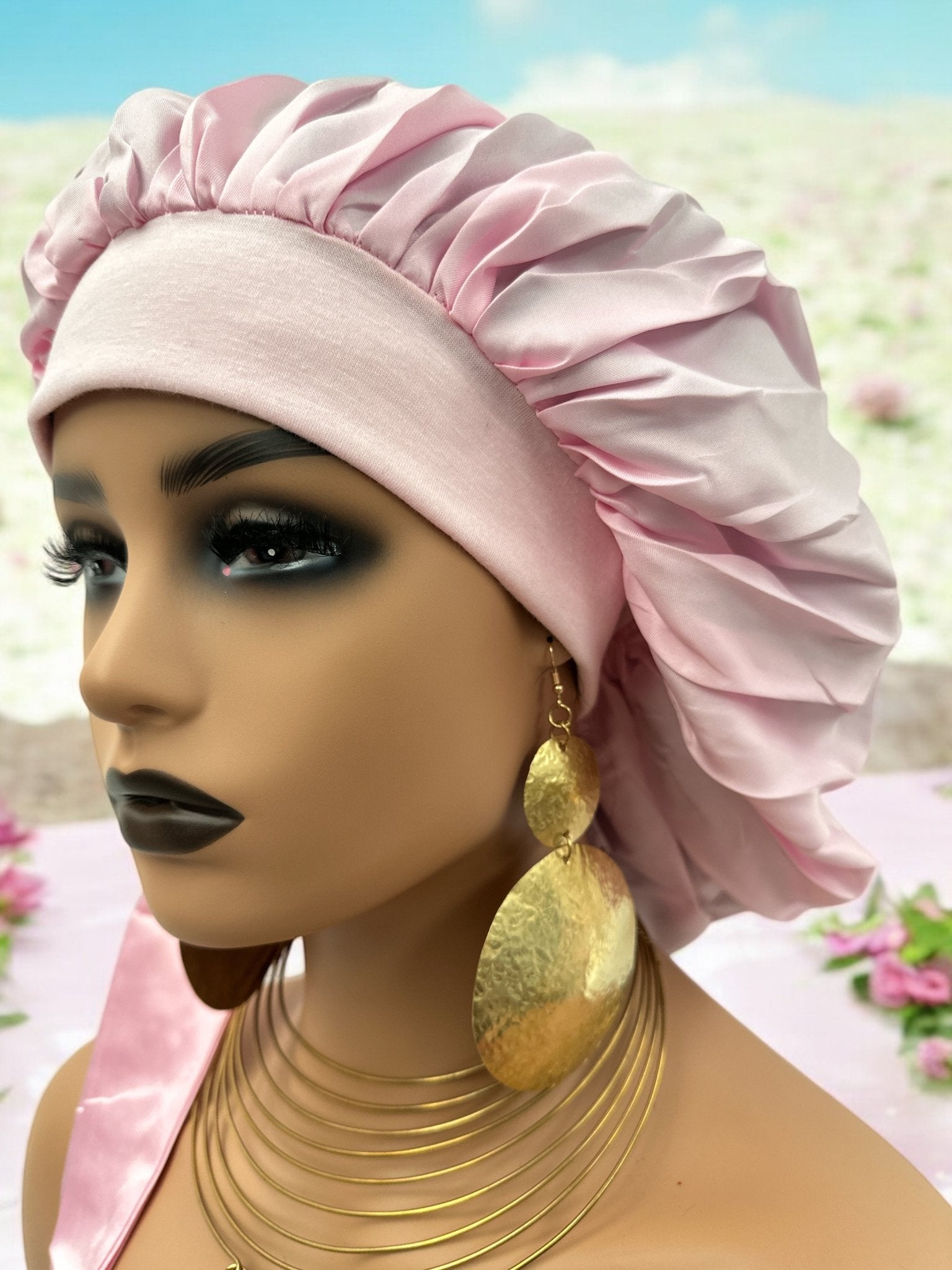 Satin Silk Single Layered Large Bonnet Cap With Long Wide Ties - Fatisha Boutique