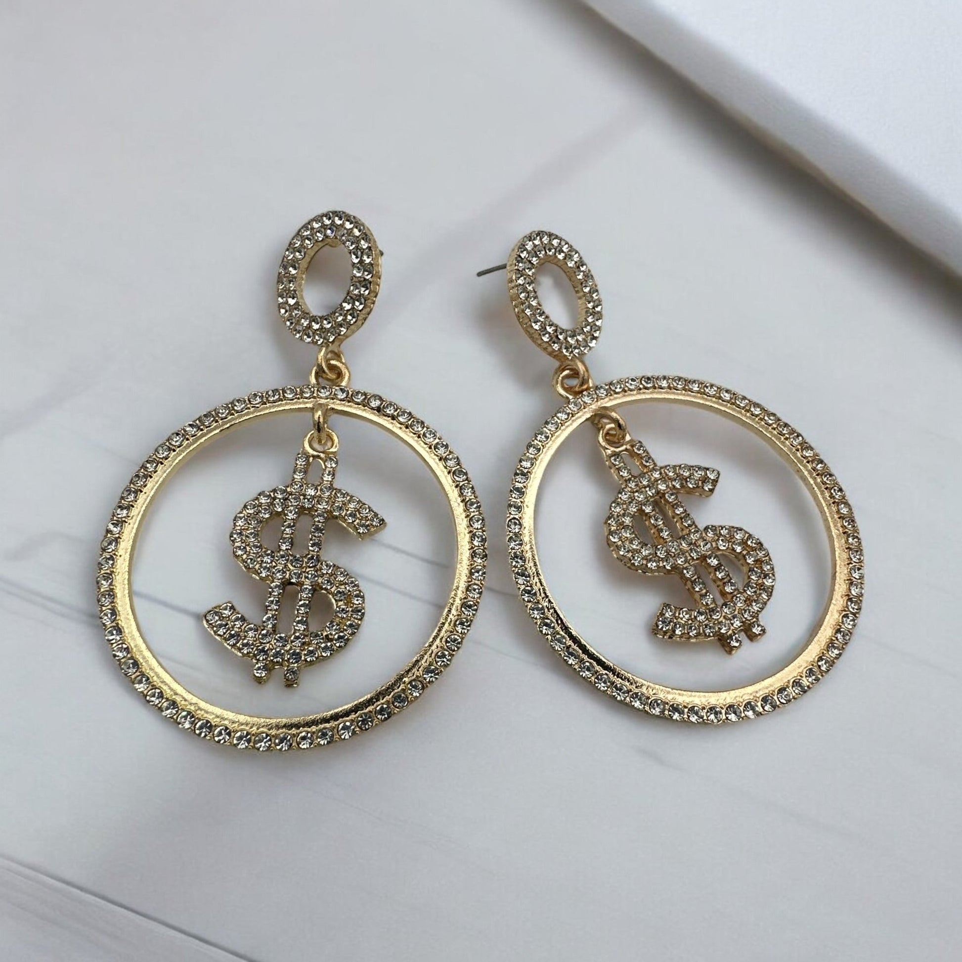 Sparkling Dollar Sign Statement Earrings – Rhinestone Dangle Earrings - Fatisha Boutique