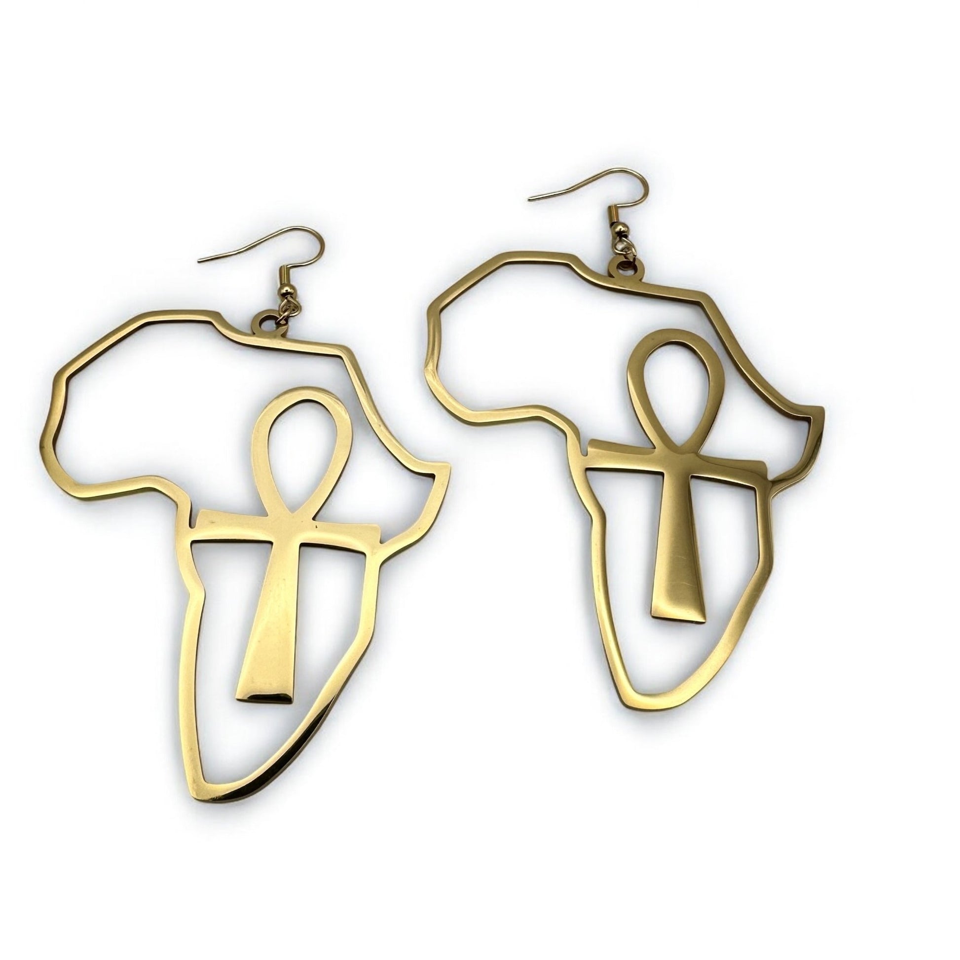 Stainless Steel Africa Map Shaped Ankh Key Dangle Statement Earrings - Fatisha Boutique