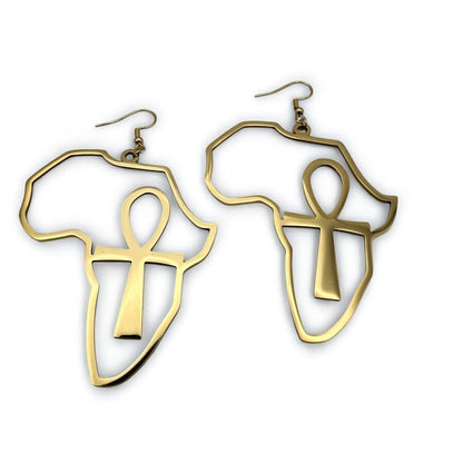 Stainless Steel Africa Map Shaped Ankh Key Dangle Statement Earrings - Fatisha Boutique