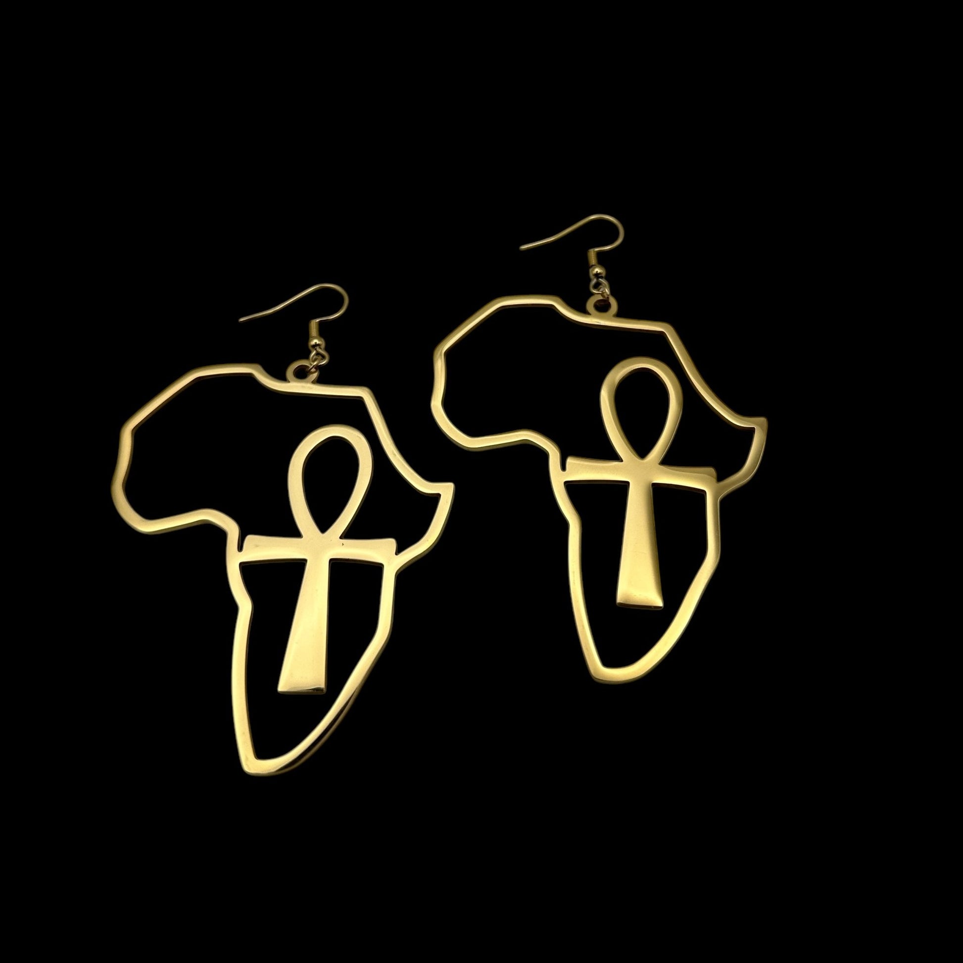 Stainless Steel Africa Map Shaped Ankh Key Dangle Statement Earrings - Fatisha Boutique