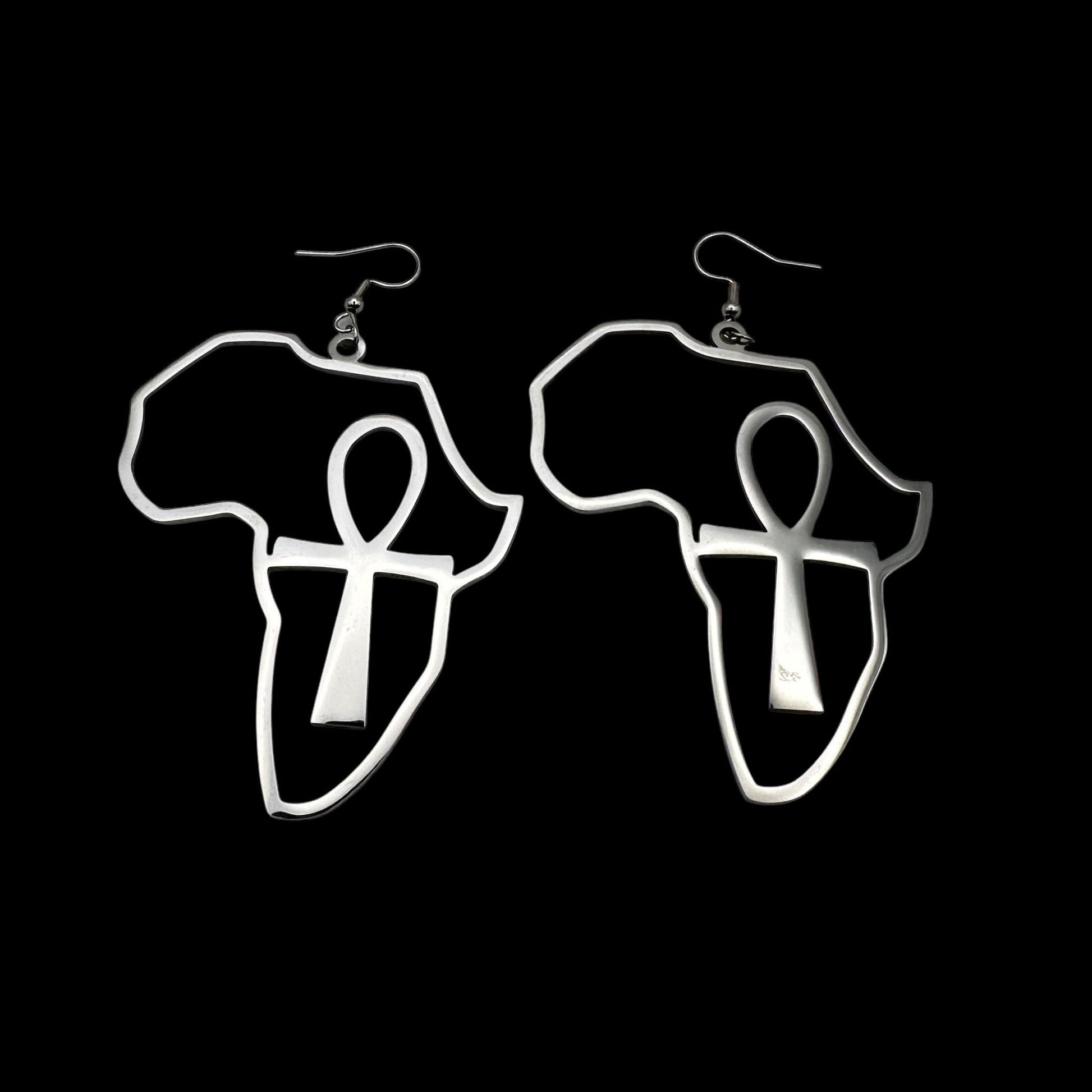 Stainless Steel Africa Map Shaped Ankh Key Dangle Statement Earrings - Fatisha Boutique