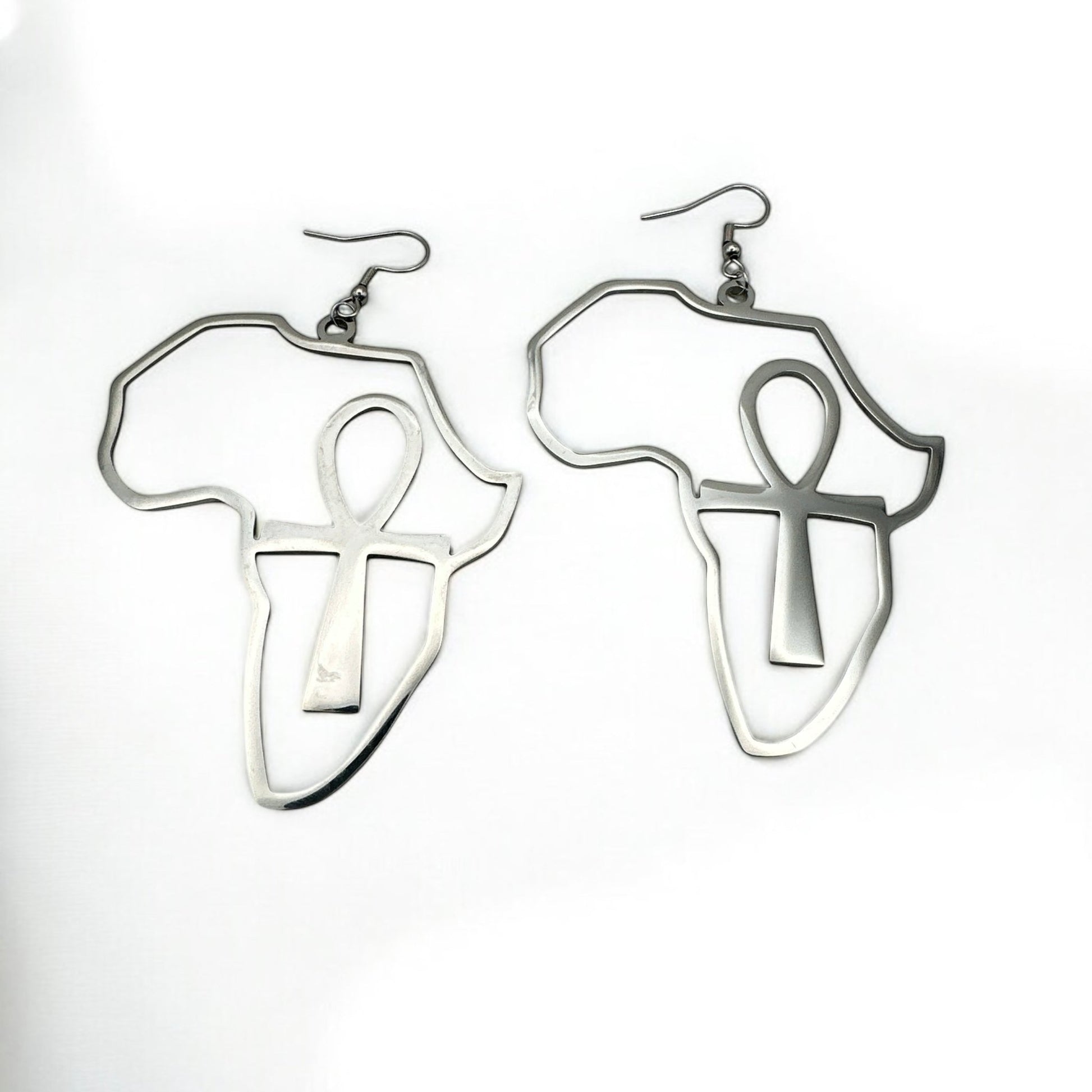 Stainless Steel Africa Map Shaped Ankh Key Dangle Statement Earrings - Fatisha Boutique