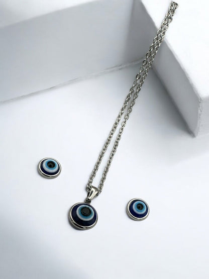 Stainless Steel Evil Eye Jewellery Set - Round Pendant Necklace & Earrings - Fatisha Boutique