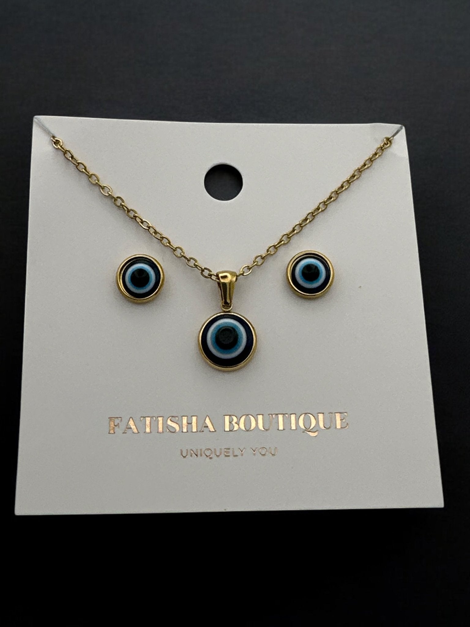Stainless Steel Evil Eye Jewellery Set - Round Pendant Necklace & Earrings - Fatisha Boutique