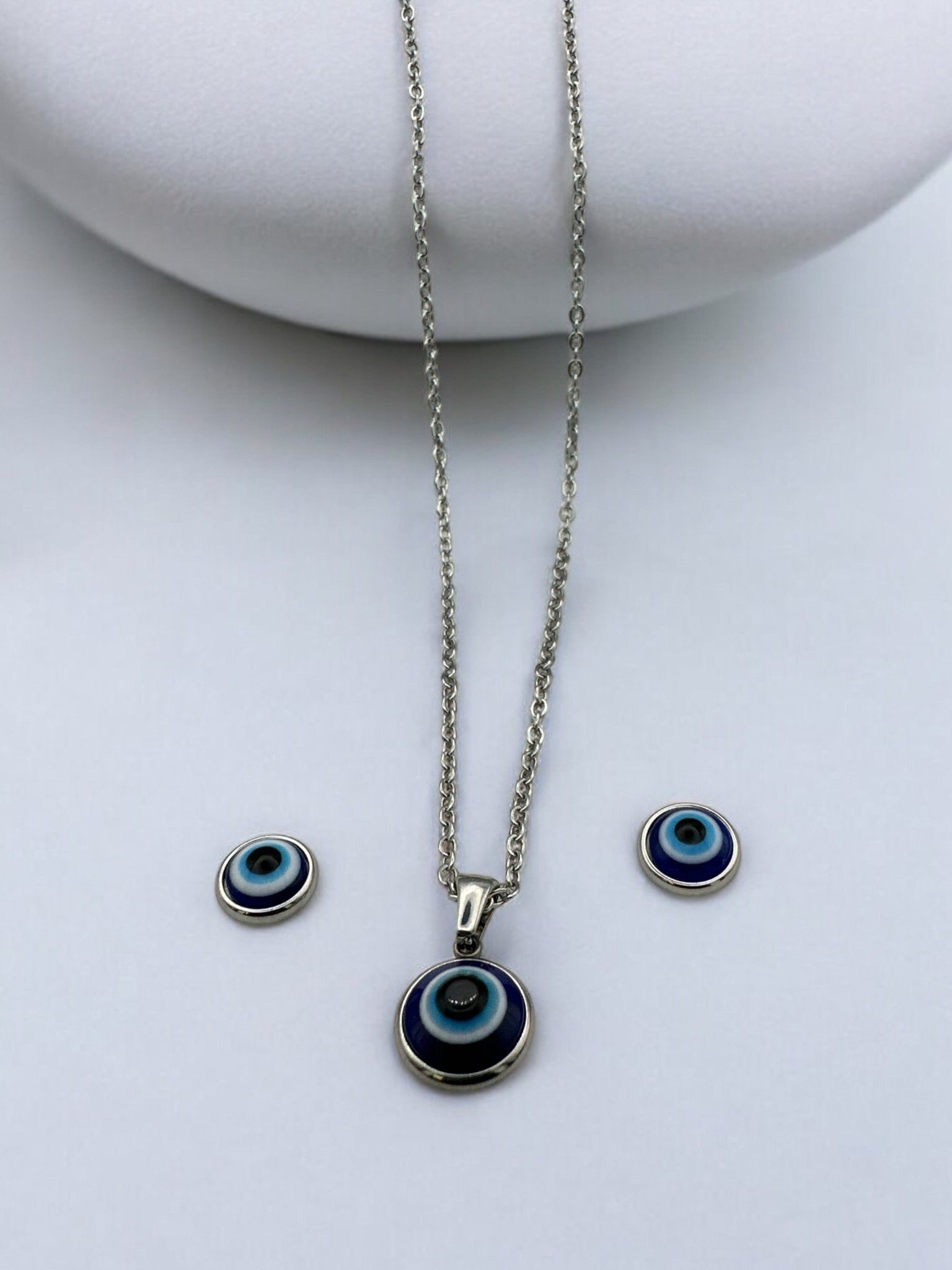 Stainless Steel Evil Eye Jewellery Set - Round Pendant Necklace & Earrings - Fatisha Boutique
