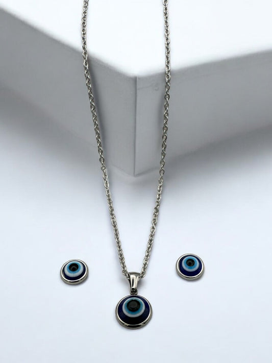 Stainless Steel Evil Eye Jewellery Set - Round Pendant Necklace & Earrings - Fatisha Boutique