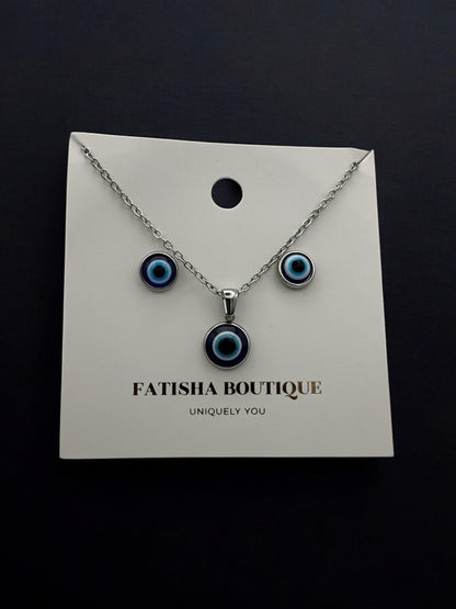 Stainless Steel Evil Eye Jewellery Set - Round Pendant Necklace & Earrings - Fatisha Boutique
