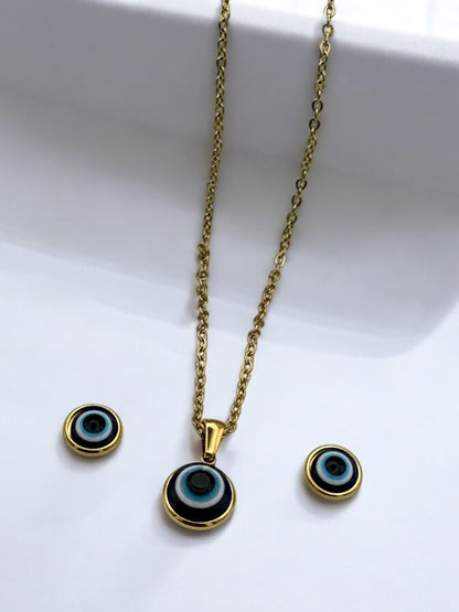 Stainless Steel Evil Eye Jewellery Set - Round Pendant Necklace & Earrings - Fatisha Boutique