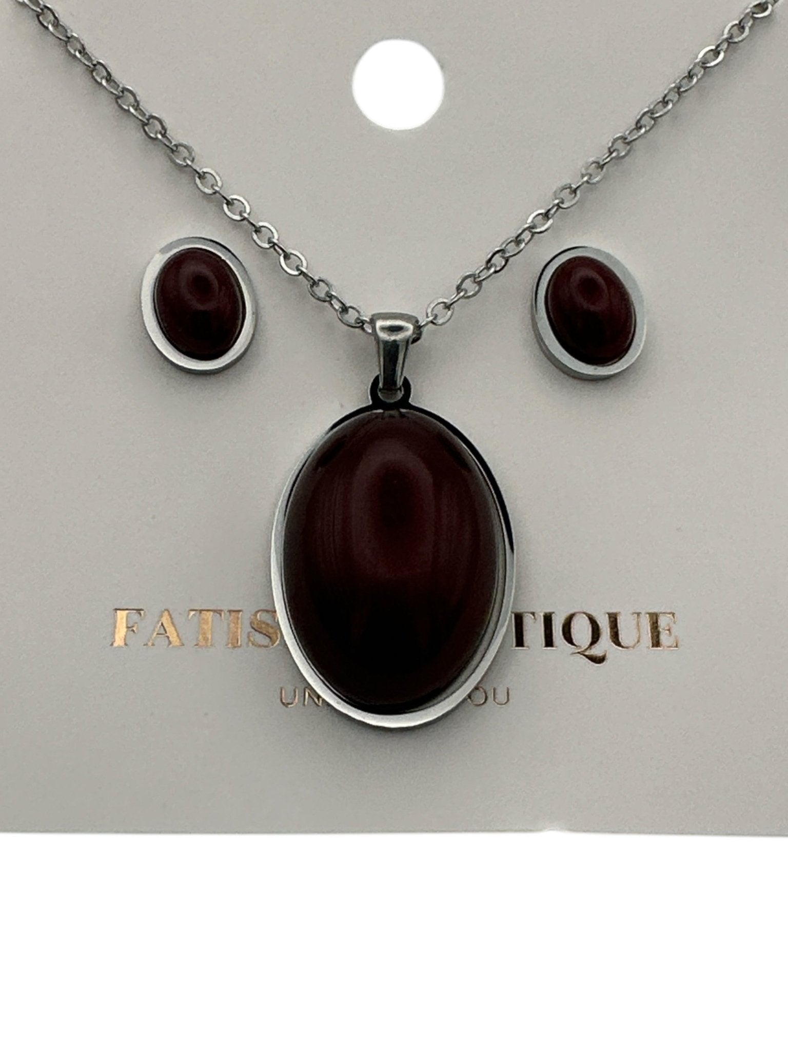 Stainless Steel Oval Pendant Necklace & Earring Set - Elegant Jewellery Collection - Fatisha Boutique
