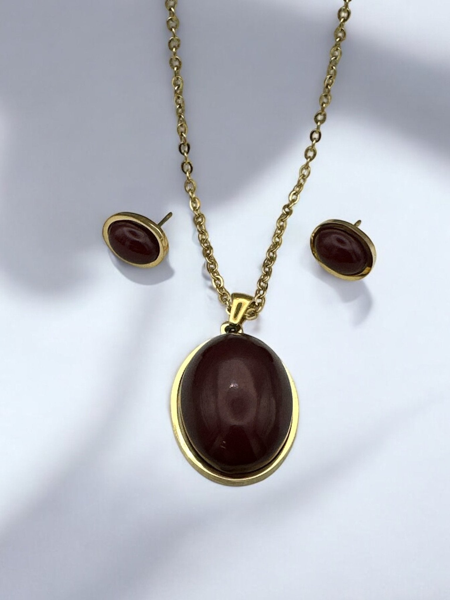Stainless Steel Oval Pendant Necklace & Earring Set - Elegant Jewellery Collection - Fatisha Boutique