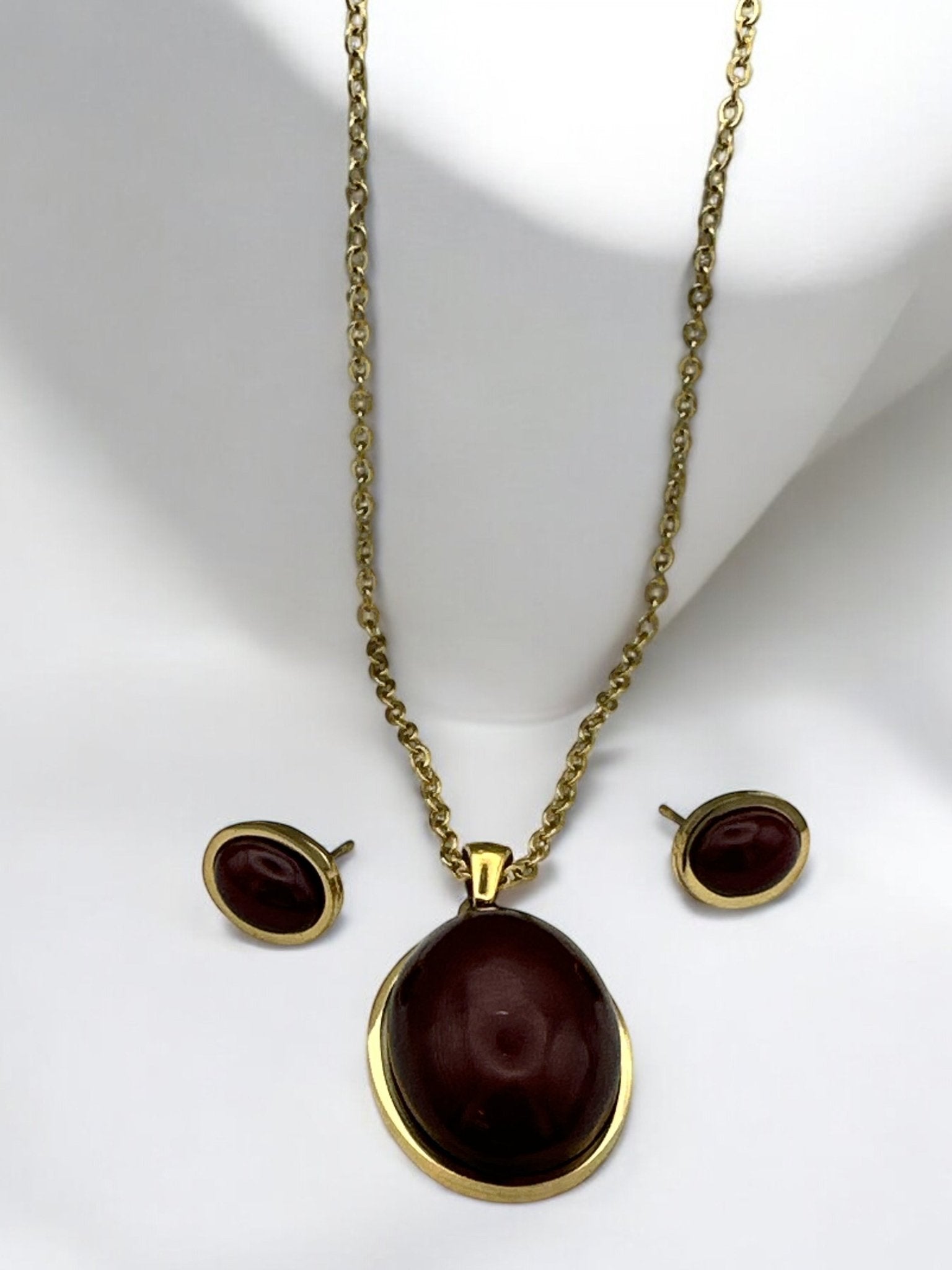 Stainless Steel Oval Pendant Necklace & Earring Set - Elegant Jewellery Collection - Fatisha Boutique