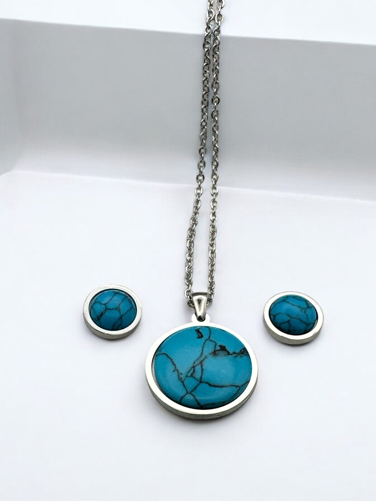 Stainless Steel Round Turquoise Jewellery Set - Pendant Necklace & Earrings - Fatisha Boutique