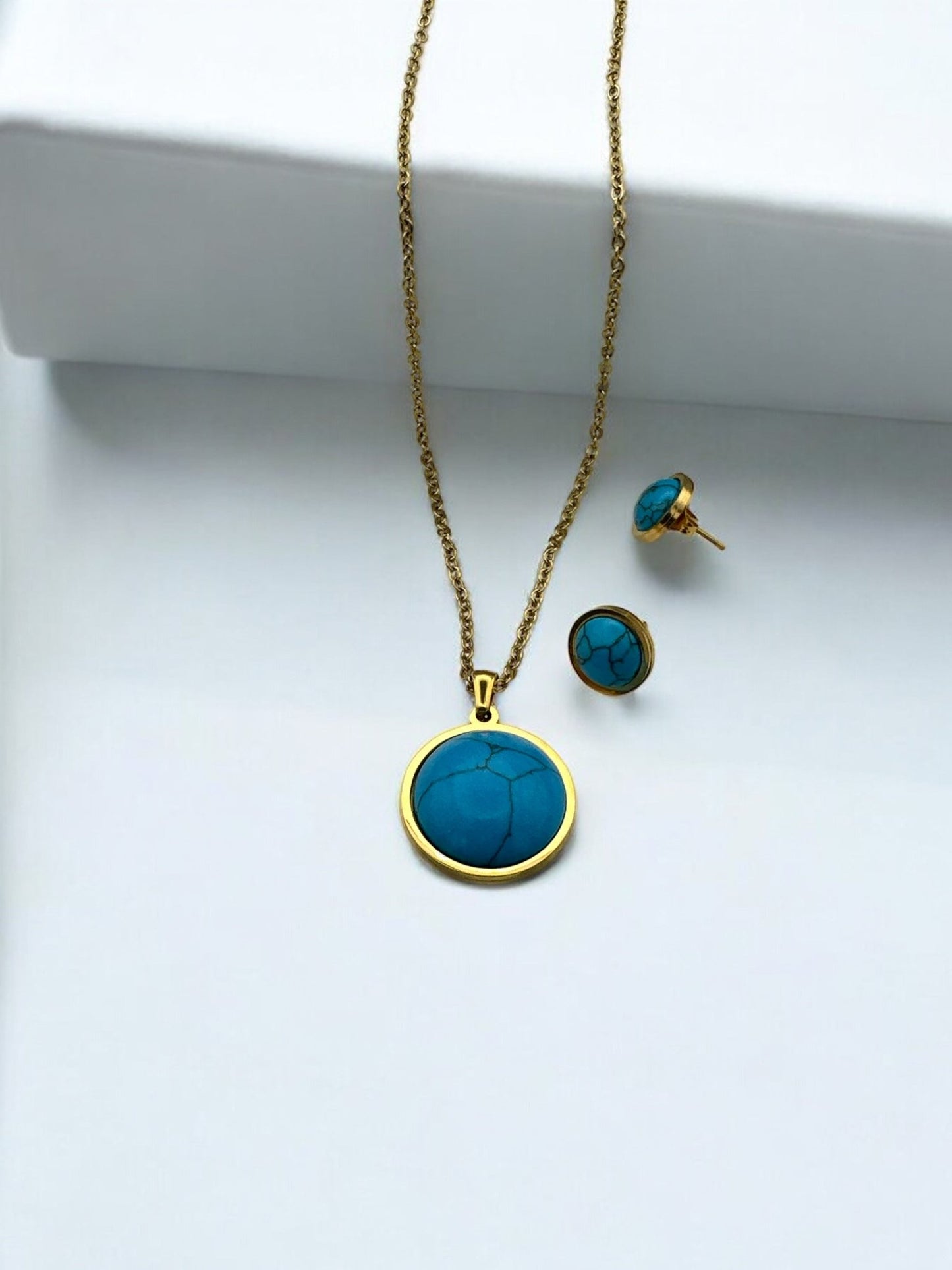 Stainless Steel Round Turquoise Jewellery Set - Pendant Necklace & Earrings - Fatisha Boutique