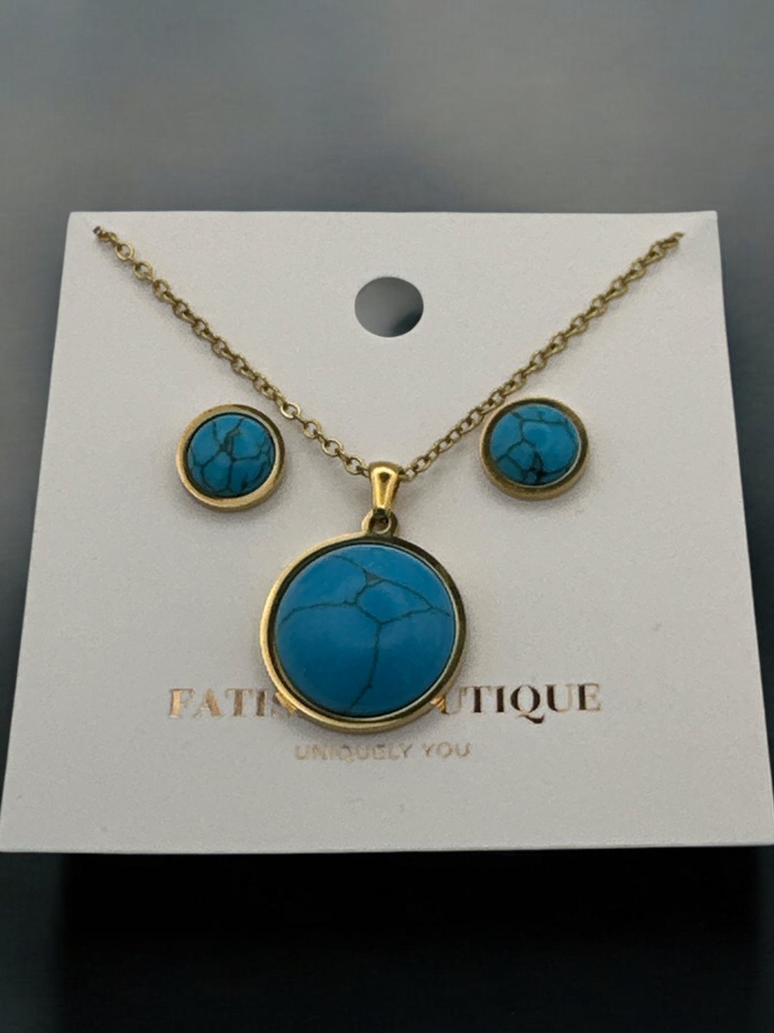 Stainless Steel Round Turquoise Jewellery Set - Pendant Necklace & Earrings - Fatisha Boutique