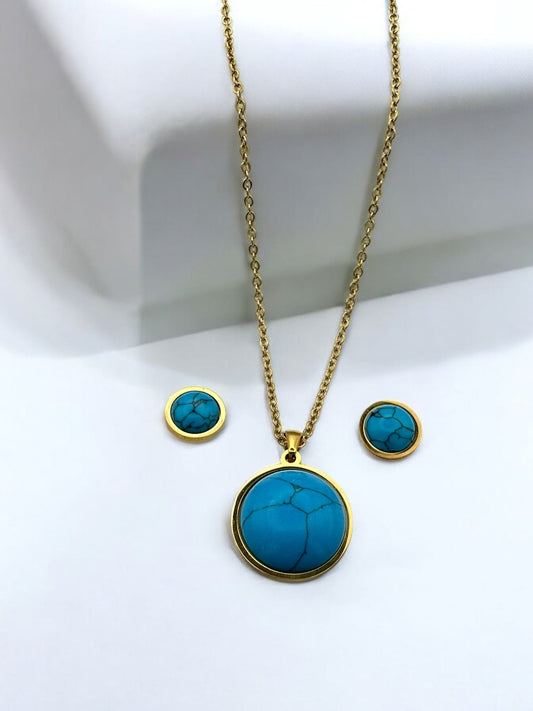 Stainless Steel Round Turquoise Jewellery Set - Pendant Necklace & Earrings - Fatisha Boutique