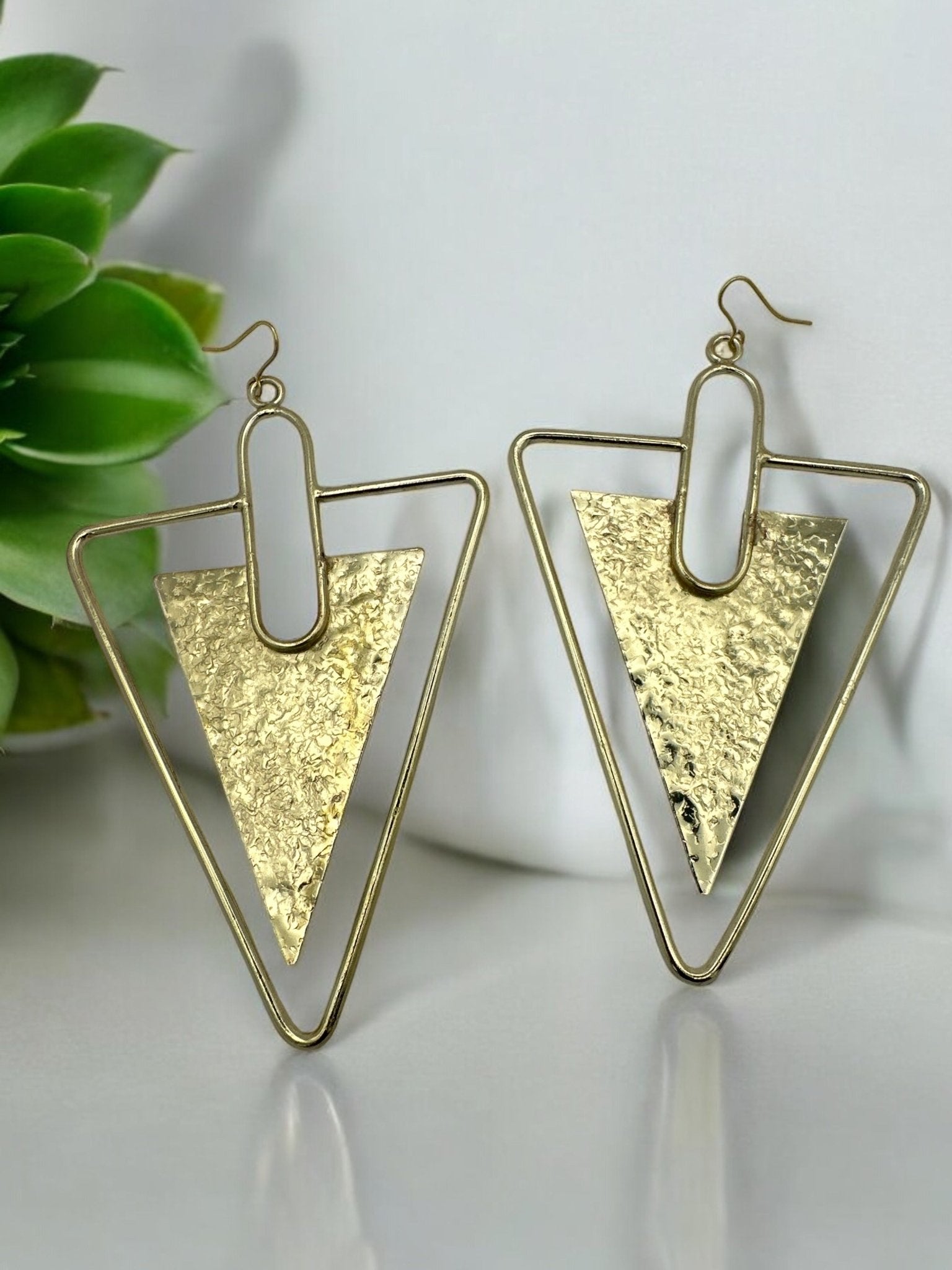 Triangle Hammered Brass Statement Dangle Earrings - Fatisha Boutique