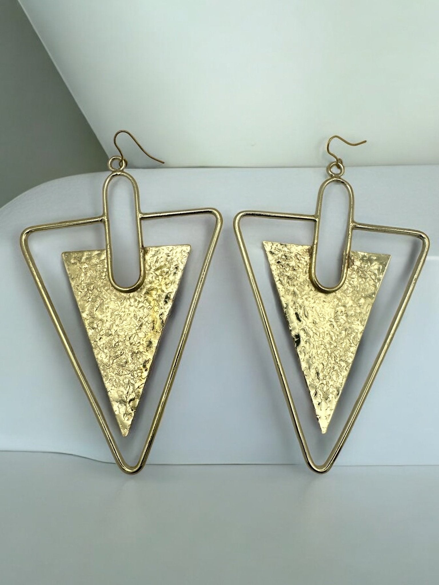 Triangle Hammered Brass Statement Dangle Earrings - Fatisha Boutique