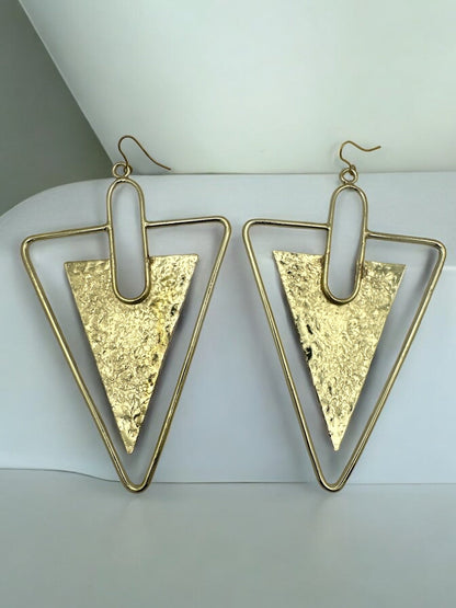 Triangle Hammered Brass Statement Dangle Earrings - Fatisha Boutique