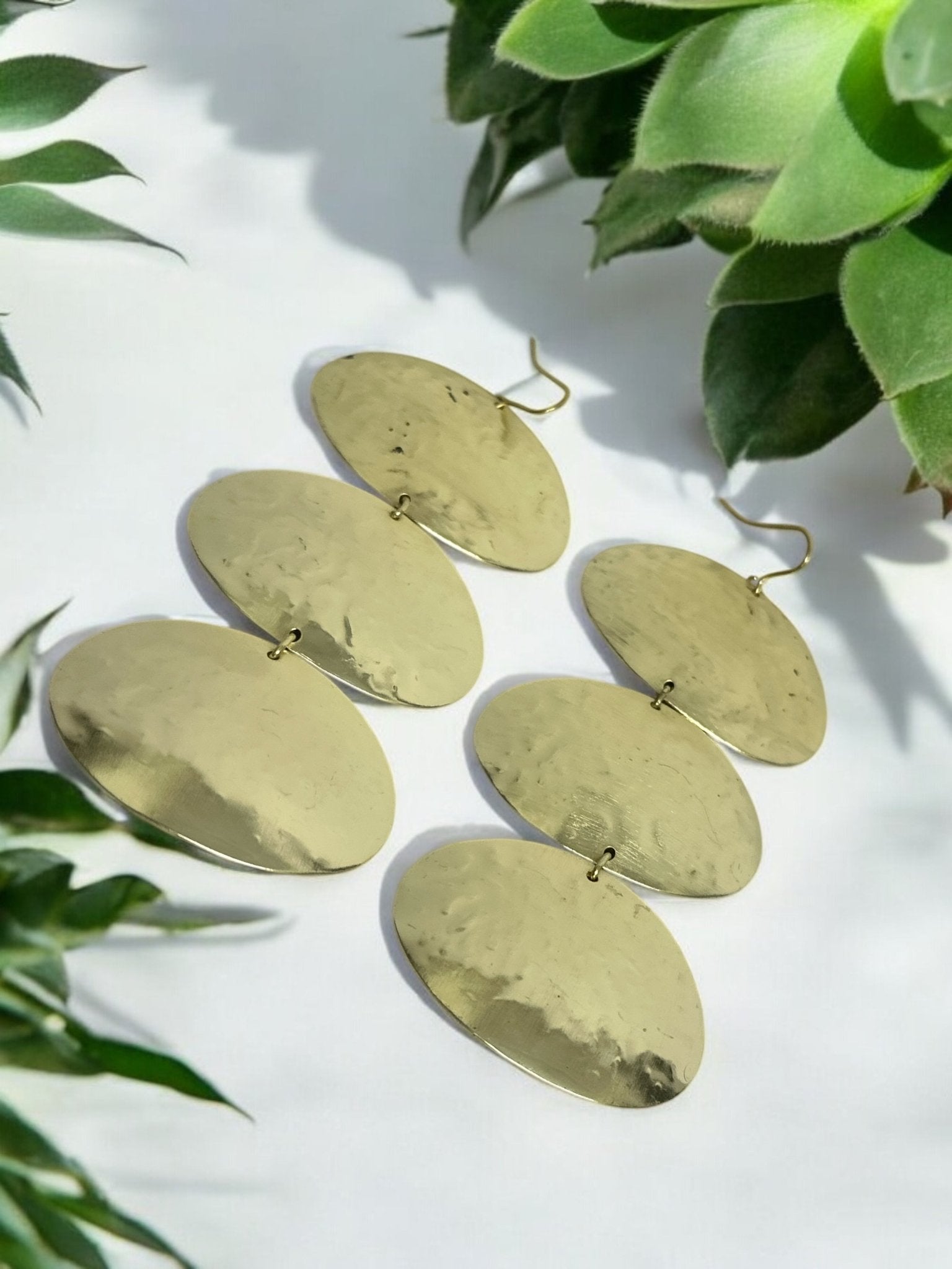 Triple Oval Brass Drop Earrings - Handmade Statement Jewellery - Fatisha Boutique