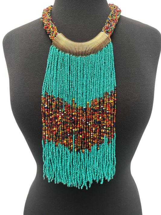Turquoise African Beaded Necklace – Handmade Fringe Tribal Jewellery - Fatisha Boutique