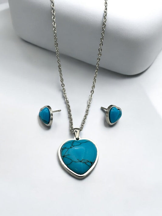 Turquoise Love Heart Shaped Pendant Stainless Steel Pendant Set - Fatisha Boutique