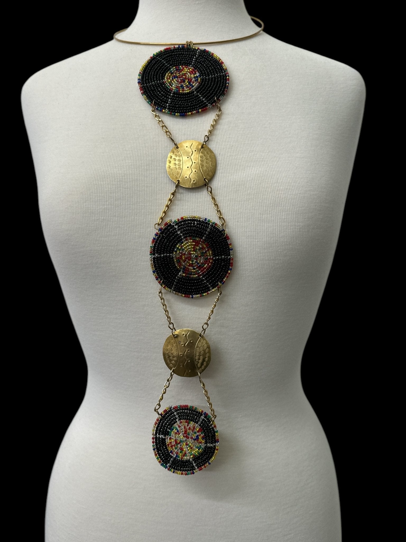 Unique Handcrafted African Black Beaded Necklace with Brass Medallions - Fatisha Boutique