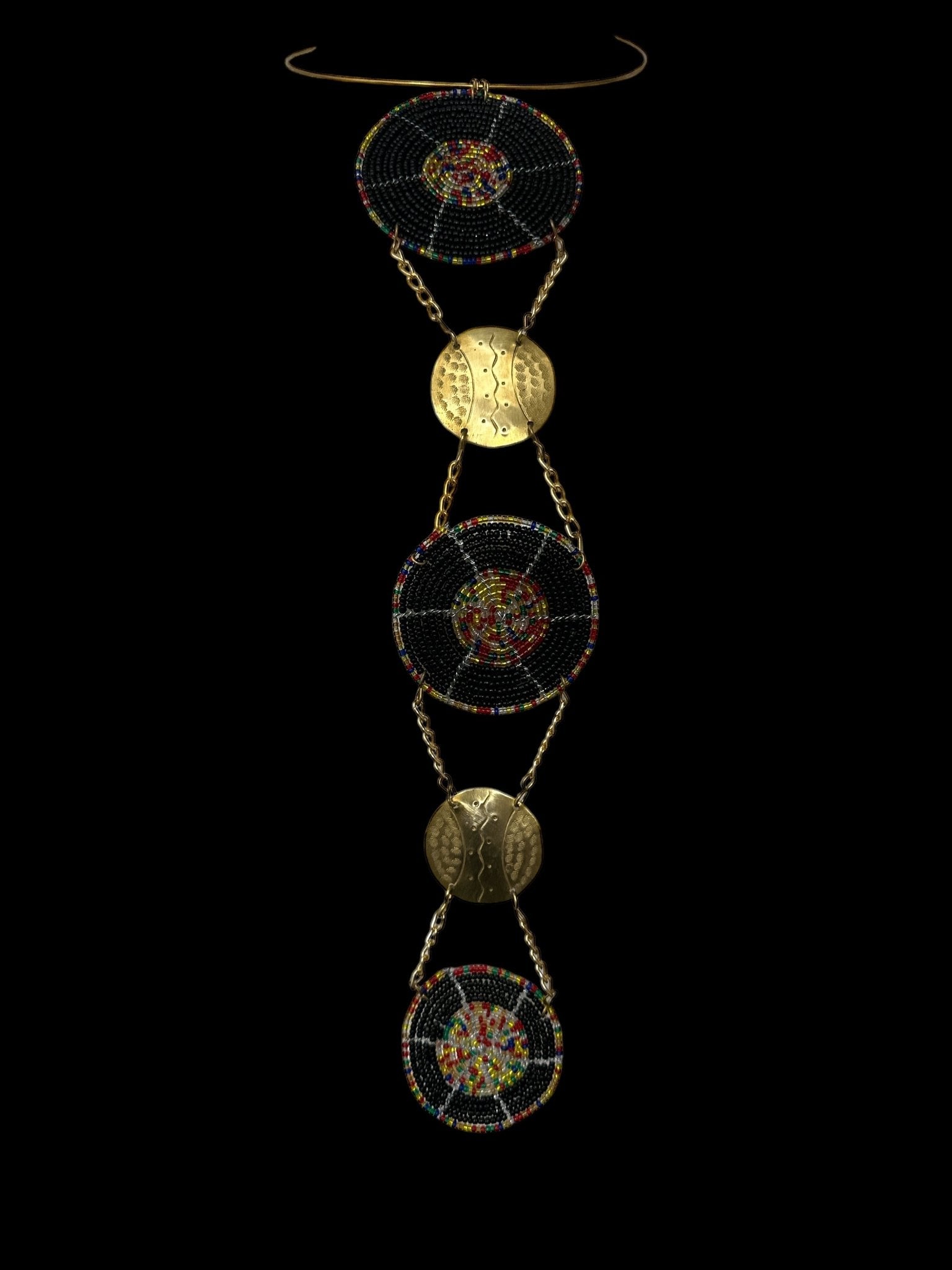 Unique Handcrafted African Black Beaded Necklace with Brass Medallions - Fatisha Boutique