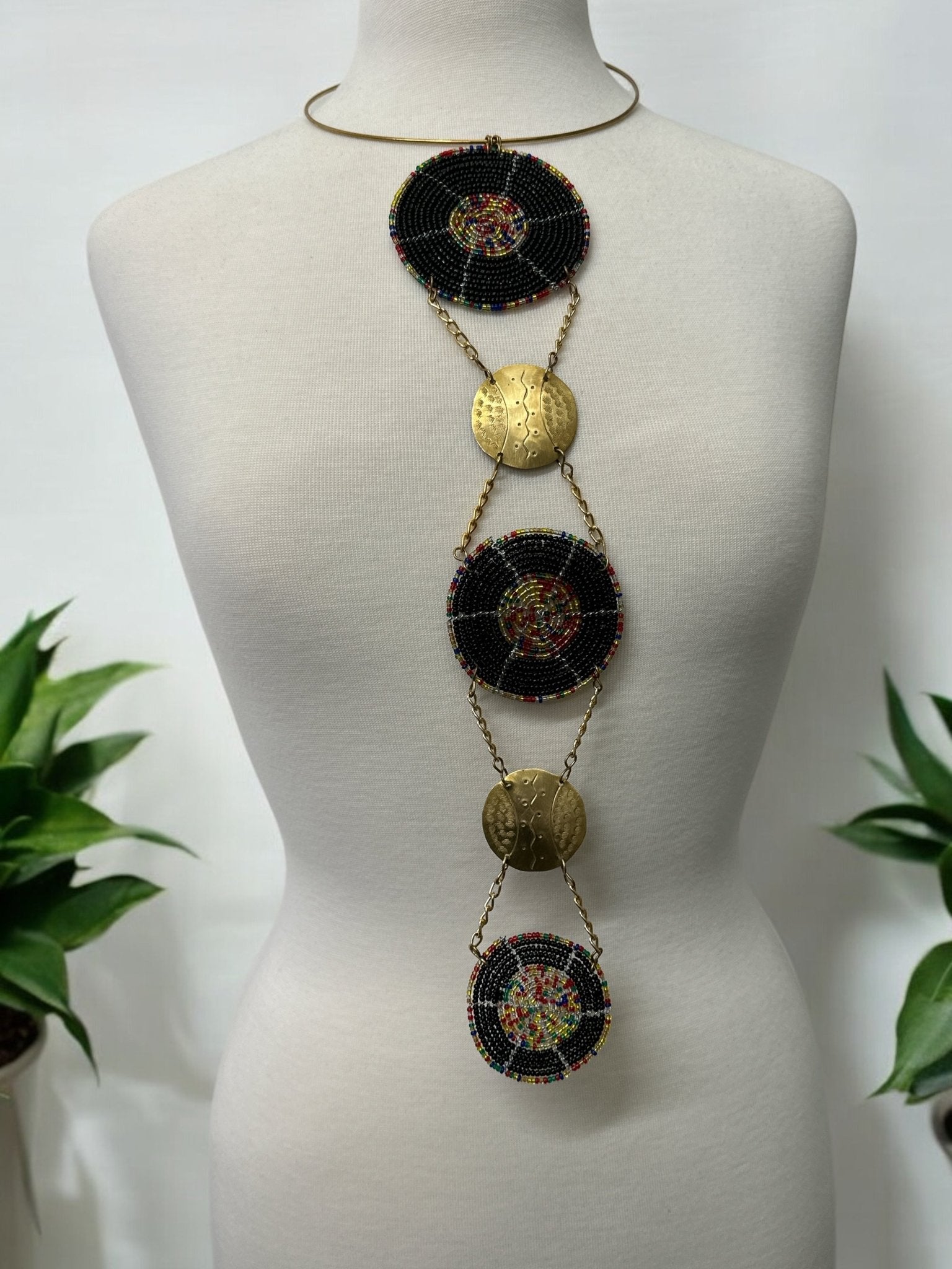 Unique Handcrafted African Black Beaded Necklace with Brass Medallions - Fatisha Boutique