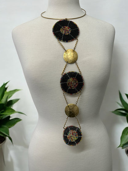 Unique Handcrafted African Black Beaded Necklace with Brass Medallions - Fatisha Boutique