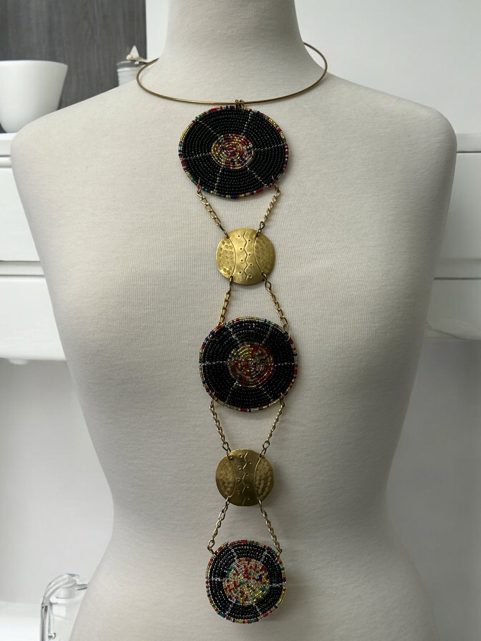 Unique Handcrafted African Black Beaded Necklace with Brass Medallions - Fatisha Boutique